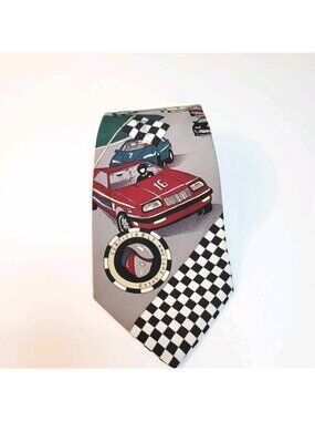 Vtg Racing-Themed Silk Necktie American Cars & Checkered Flags Racetrack